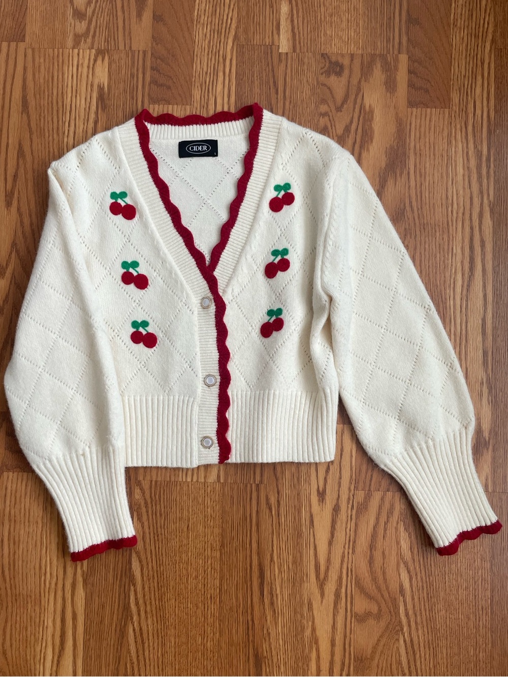 Cider Cherry Cardigan Cream Knit Cropped Red Trim Size L